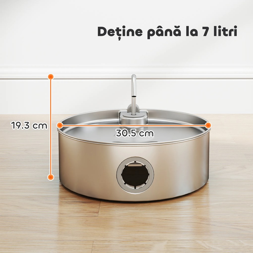 PawHut Fântână pentru Pisici 7L cu LED, 30,5x31,2x19,3 cm, Argintie | Aosom Romania