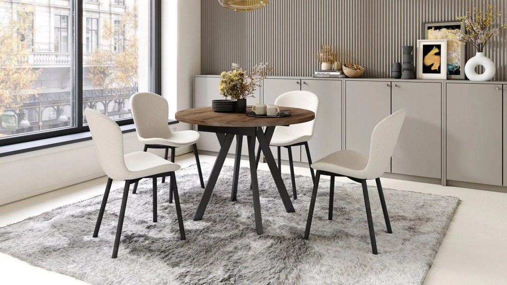 Mazzoni ALMO Nuc Elegant/picioare negre - MASĂ ROTUNDĂ EXTENSIBILĂ CU PICIOARE ÎN FORMĂ DE Y STIL LOFT PENTRU SALON/SUFRAGERIE
