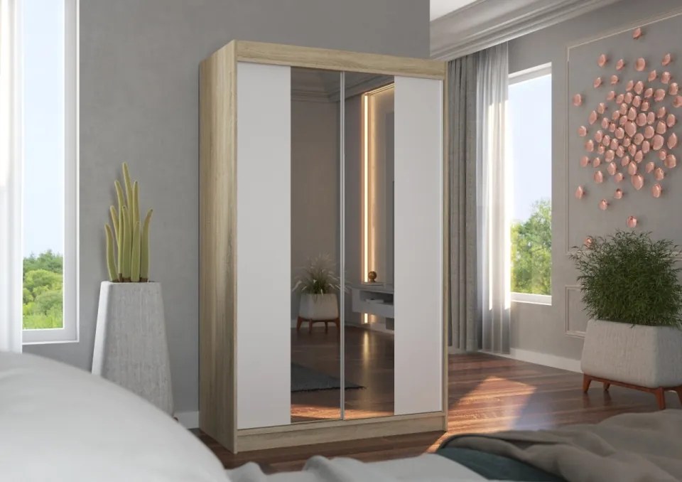 Dulap cu usi glisante si oglinda 120x200 cm, Marvin, ADRK Furniture (Culoare: Negru / Alb)