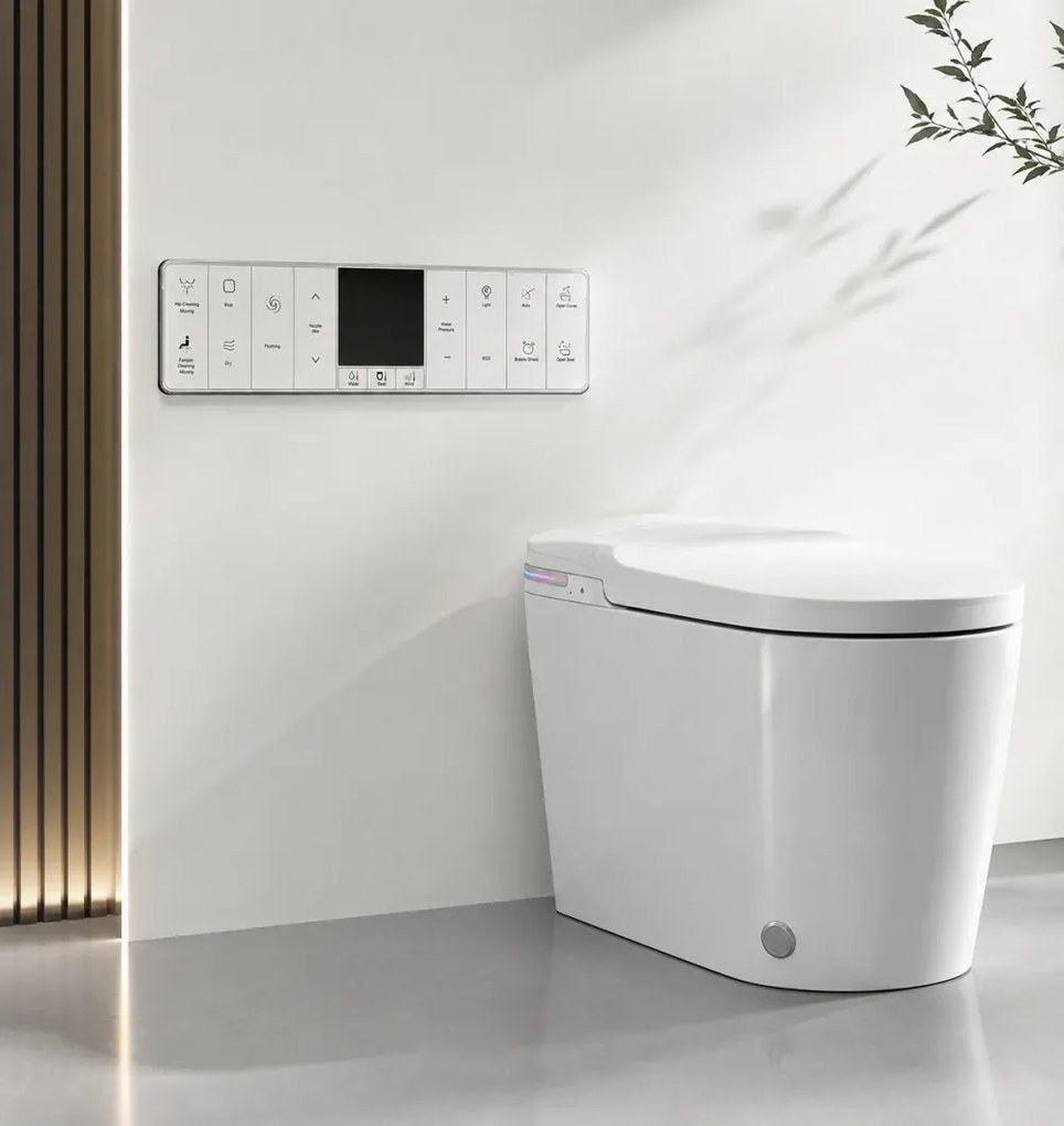 Smart WC 937 - Vas toaletă inteligentă cu Bideu Integrat, Rezervor Independent de Apă, Afișaj LED, Telecomandă, Spălare Automată, Deschidere/Închidere automată, Șezut Încălzit și Uscare aer cald, Ceramică, Alb