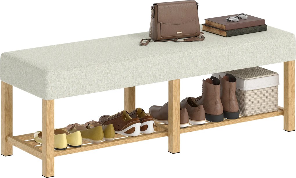HOMCOM Bancă pentru pantofi din lemn masiv de 140 cm, bancă modernă de hol cu șezut tapițat pentru două persoane, lemn natural și Alb-crem | Aosom Romania