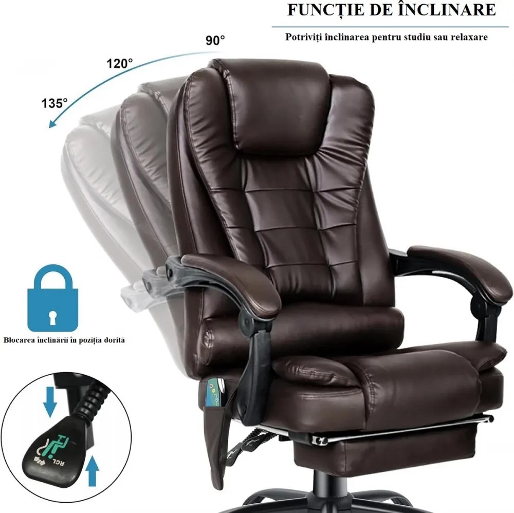 Scaun directorial cu Masaj, functie sezlong, suport picioare, piele PU, Maro