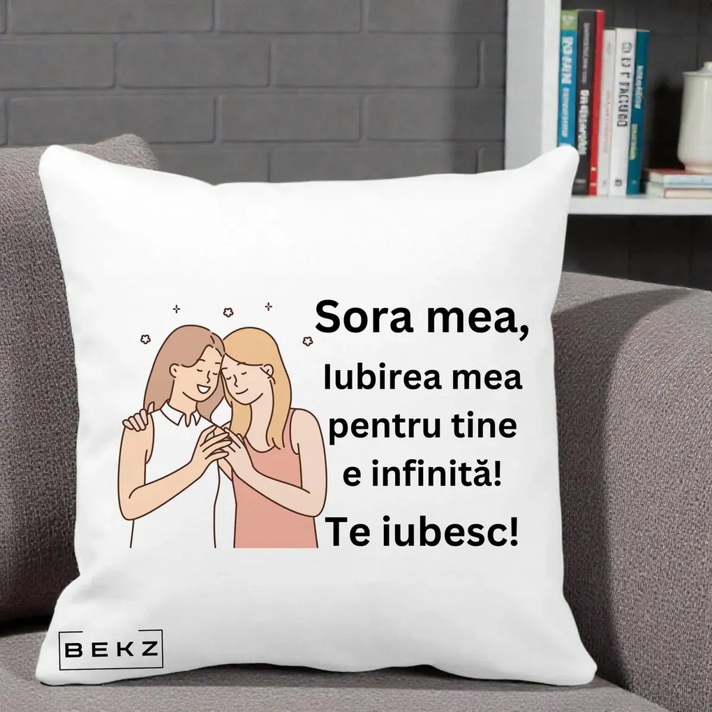 Cadou pentru Sora - Perna Personalizata Sora Mea Te Iubesc Imbratisare cu Sclipiri, 40x40 cm, Alba Mata, Husa Detasabila, Perna Inclusa, BEKZ®