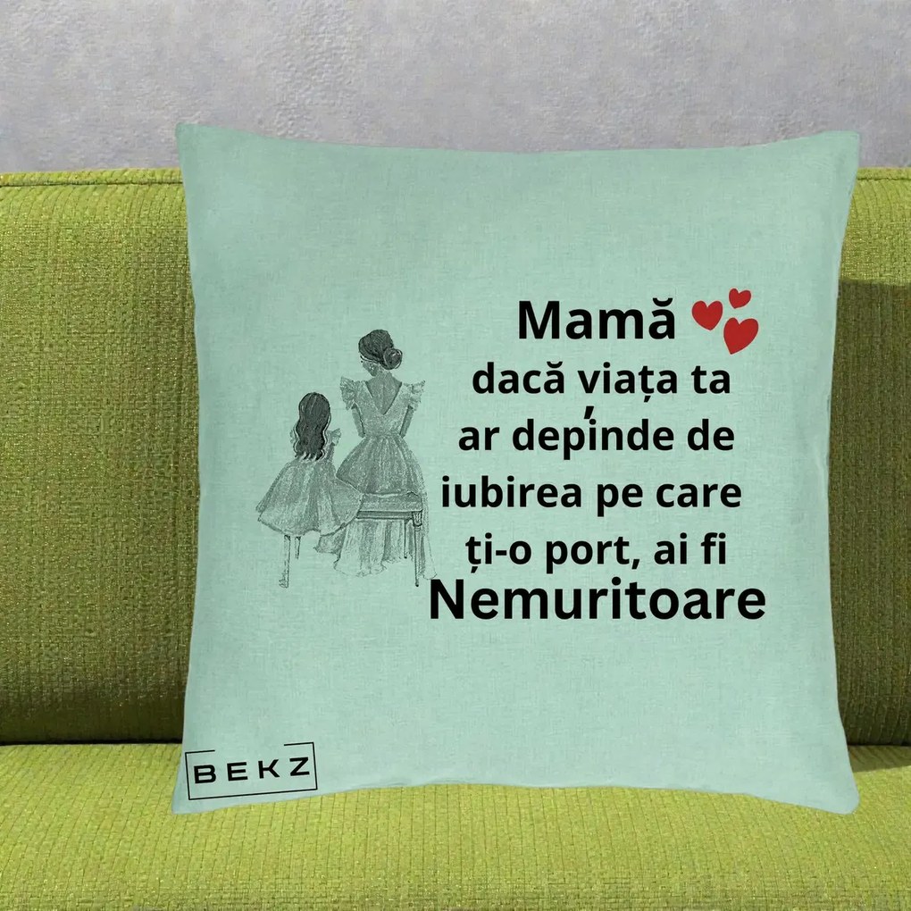 Cadou pentru Mama - Perna Personalizata Mama Nemuritoare Line Art, 40x40 cm, Verde Menta, Husa Detasabila, Perna Inclusa, BEKZ®