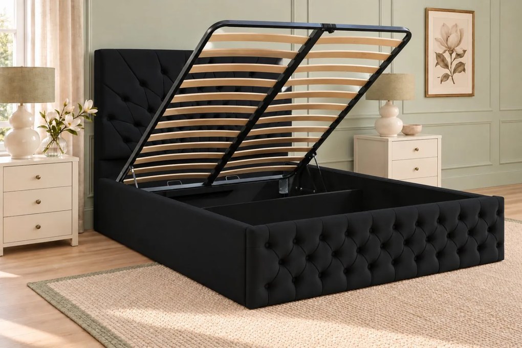 Pat tapițat Chesterfield din catifea Venezia 160×200 cm, negru, cu ladă de depozitare