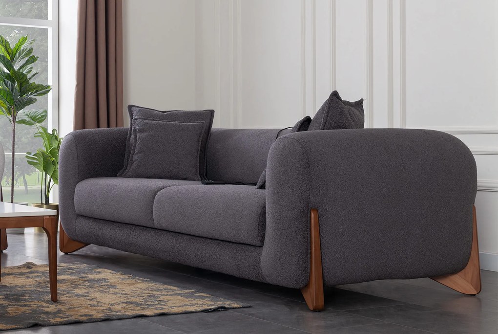 Canapea extensibila electric, cu picioare de lemn, 3 locuri puffy (240x105x70) - gri