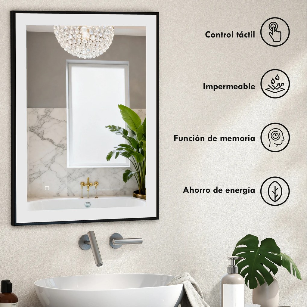 HOMCOM Oglindă de Baie cu Lumină LED 80x60 cm cu 3 Culori de Lumină Funcție Antiabur Funcție Memorie IP44 Orizontal/Vertical | Aosom Romania