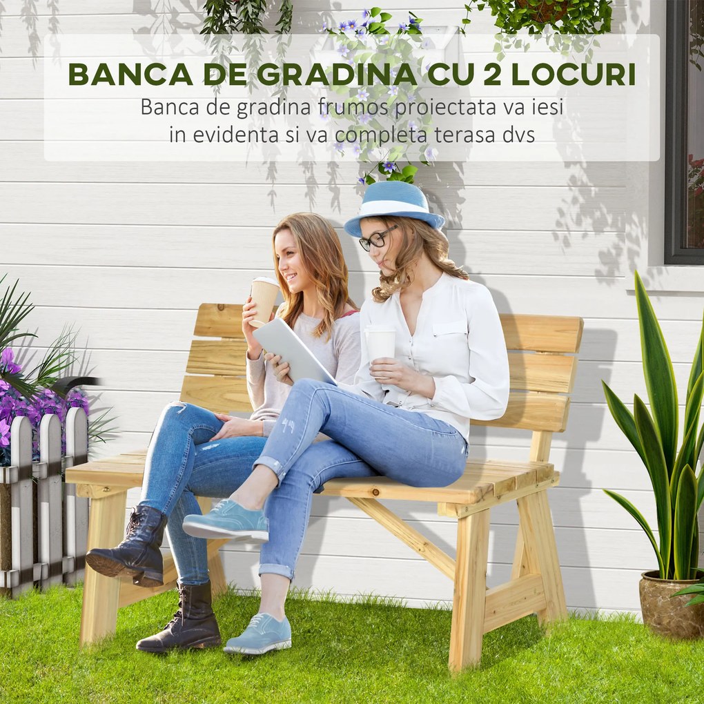 Outsunny Banca pentru Exterior din Lemn, Banca 2 Locuri pentru Gradina cu Sipci cu Spatar Inalt, 116x56x80cm, Culoare Natur | Aosom Romania