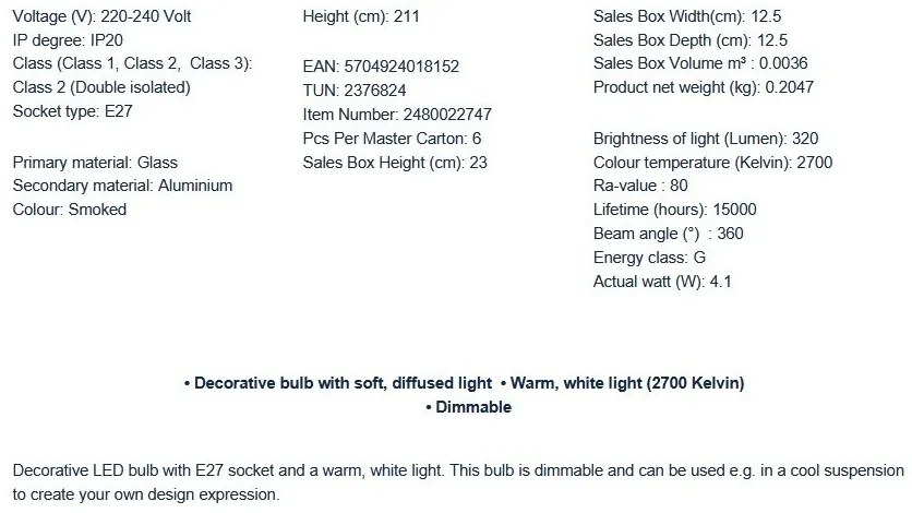 Bec decorativ Deco E27 Cone 15 Dimabil