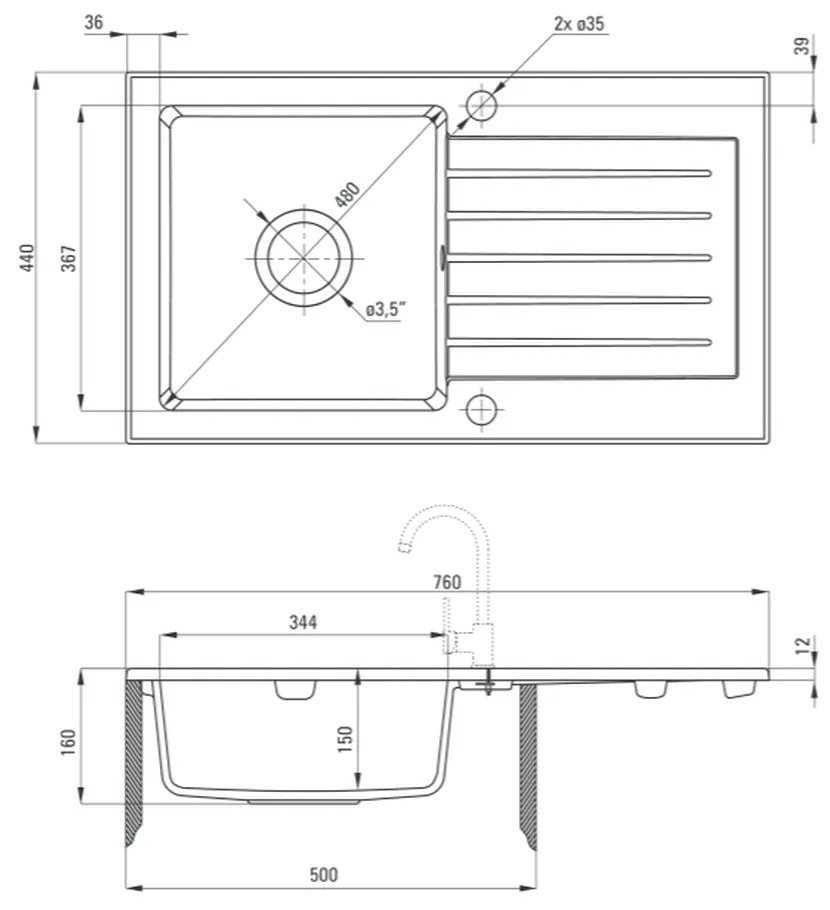 Set chiuveta bucatarie compozit cu picurator si baterie graphite Deante, Zorba Graphite