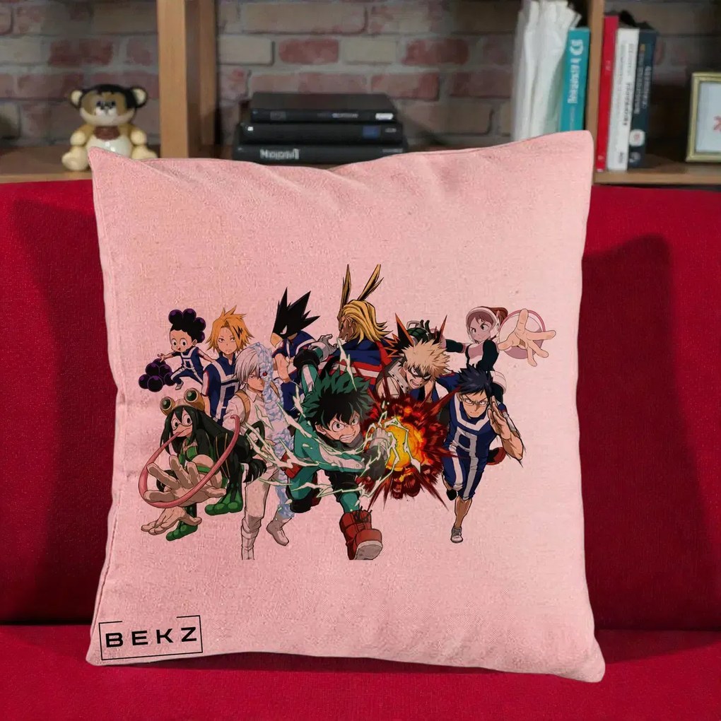 Perna Personalizata My Hero Academia Clasa 1-A Complet, 40x40 cm, Roz, Husa Detasabila, Perna Inclusa, BEKZ®