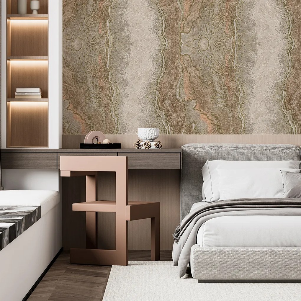 Tapet dormitor vinil, maro-auriu, model Anoria