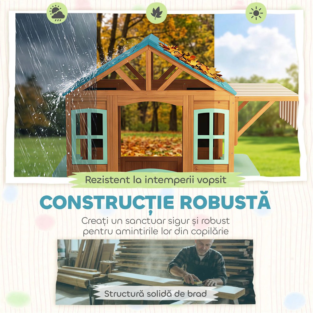 AIYAPLAY Căsuță de Joacă de Exterior cu Bar pentru Gustări, Ușă Pe Jumătate, Ferestre, Suporturi pentru Ghivece, Tablă de Desen, Tablă de Țintă, 4 Bile | Aosom Romania