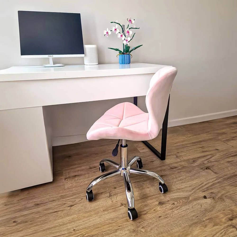 Scaun birou copii din catifea cu bază metalica cromată rotativ OFF 334 roz