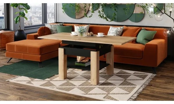 Masă extensibilă CALEB, de cafea și dining, cu blat rabatabil, stejar craft/negru