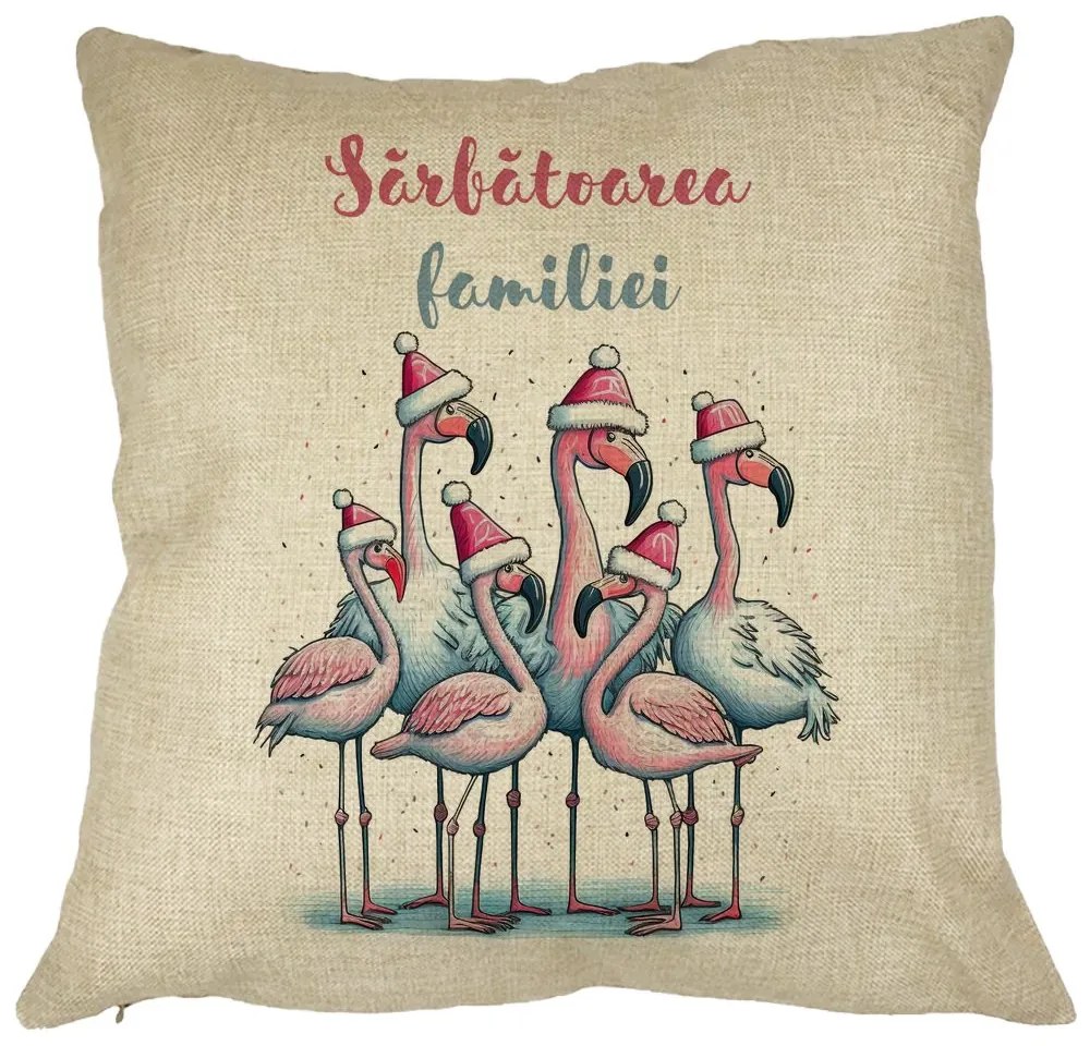 Perna Decorativa cu tematica de Craciun, Flamingo si Text 2, 40x40 cm, Husa Detasabila, Burduf