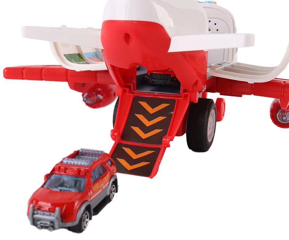 Avion de transport pentru pompieri cu 4 mașini de pompieri, accesorii, efecte luminoase și sonore