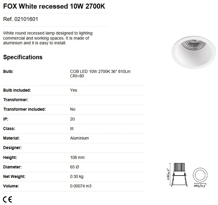 Spot LED dimabil / incastrabil tavan / plafon FOX alb 10W