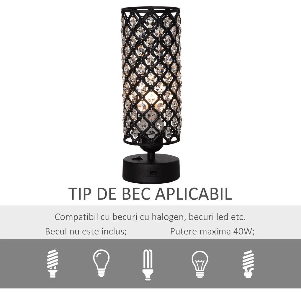 HOMCOM Lampa de Masa Eleganta cu Abajur din Cristal si 2 Porturi USB, Lumina Reglabila Touch, Design Modern, Ф10,8x30 cm, Negru | Aosom Romania