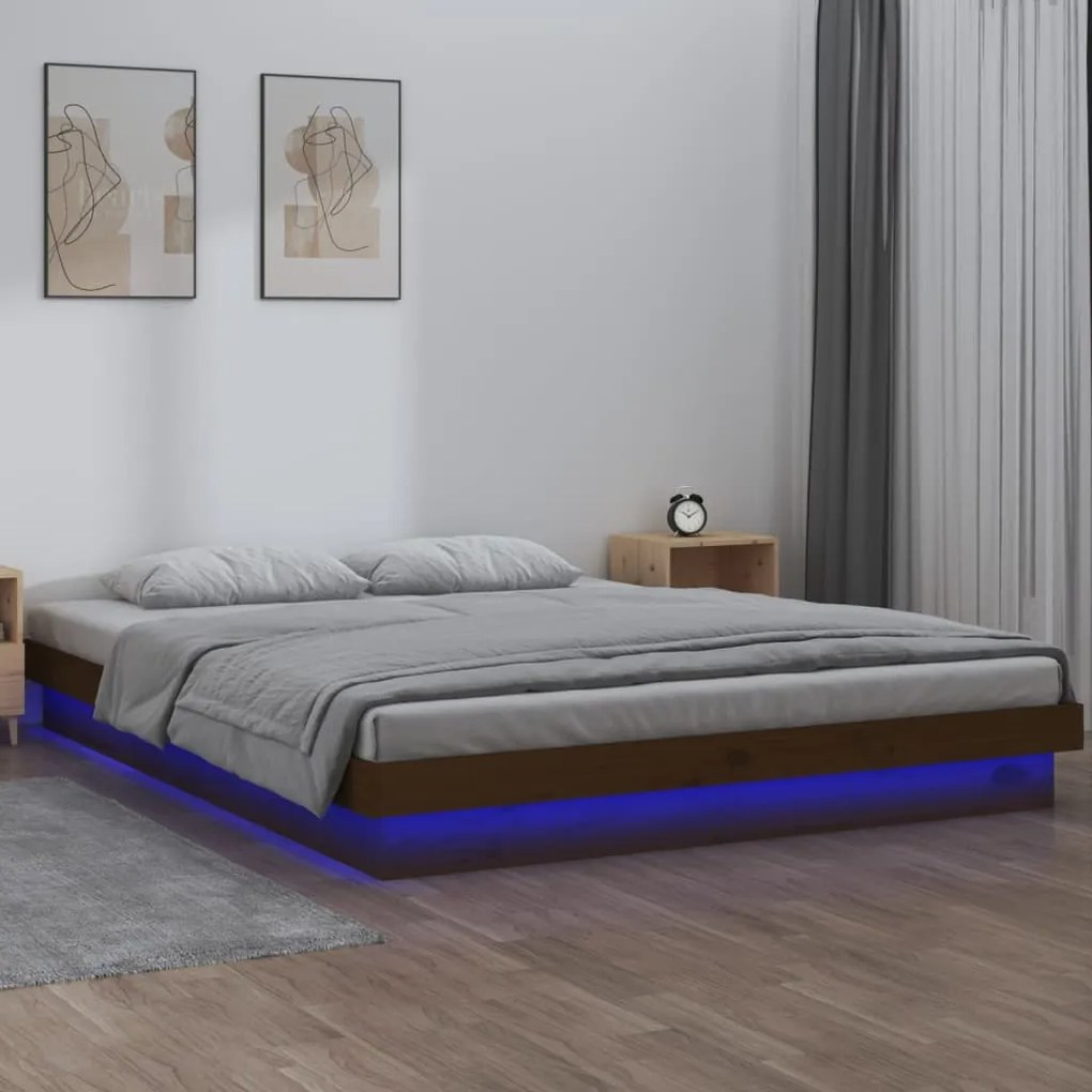 820010 vidaXL Cadru pat cu LED mic dublu 4FT maro miere 120x190 cm lemn masiv
