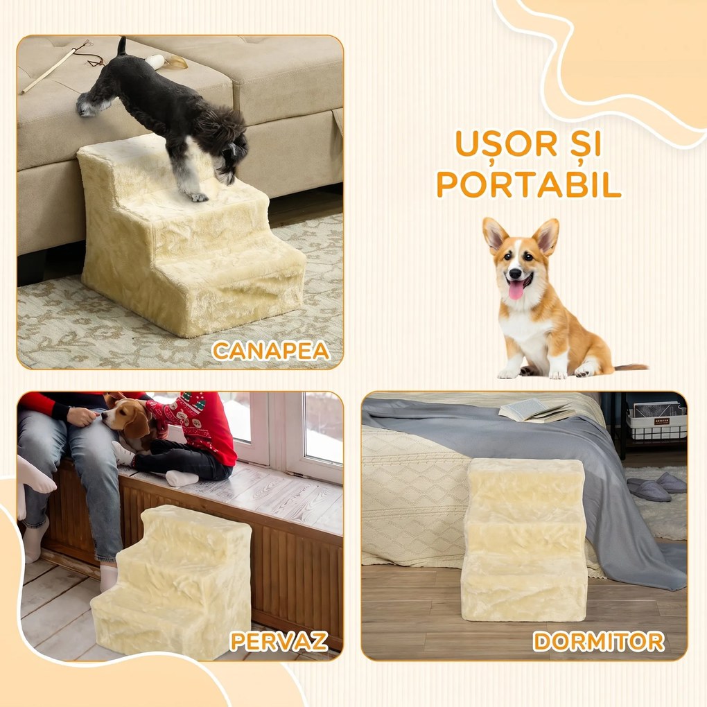PawHut scară pentru câini cu 3 trepte, pentru câini și pisici de până la 4,5 kg, din catifea detașabilă și lavabilă, bej | Aosom Romania