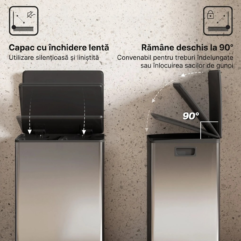HOMCOM Coș de gunoi dublu cu pedală, 2 găleți de 30L și capac amortizat, gri | Aosom Romania