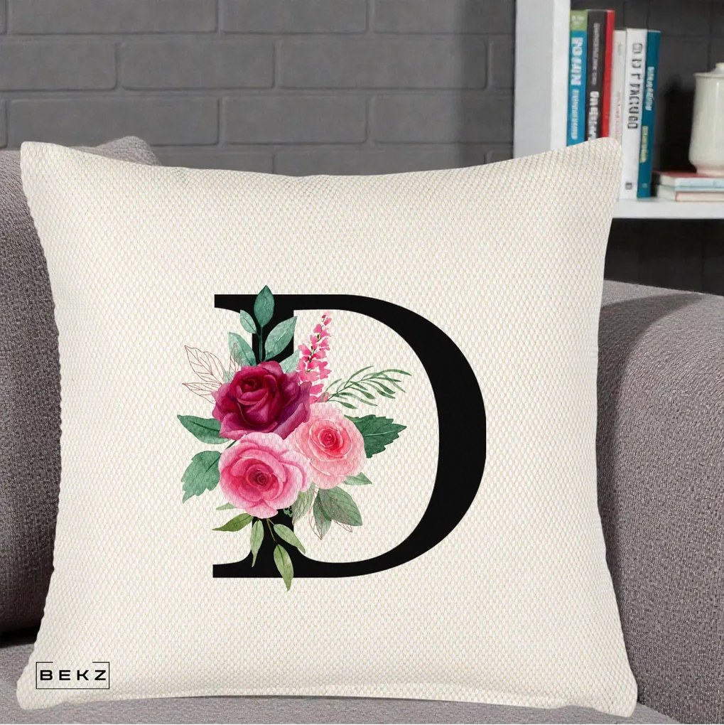 Cadou Personalizat - Perna Personalizata Monograma Florala Litera D, 40x40 cm, Crem Reliefat, Husa Detasabila, Perna Inclusa, BEKZ®