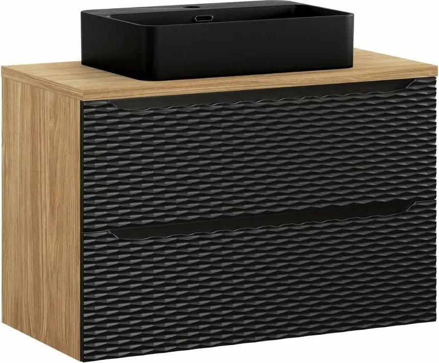 Set dulap baza suspendat 90 cm cu blat si lavoar Comad Ocean stejar uleiat si negru mat