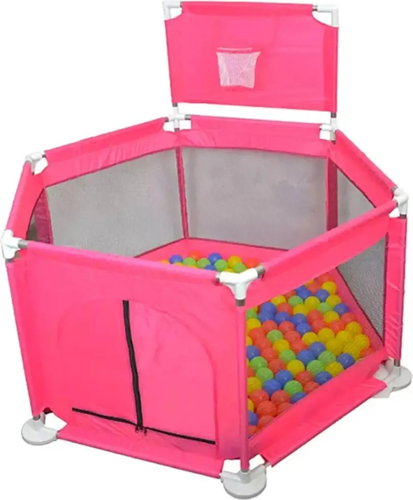 Tarc de joaca pentru copii cu cos de baschet si 50 bile, NBW, interior-exterior, 113x128 cm, Roz