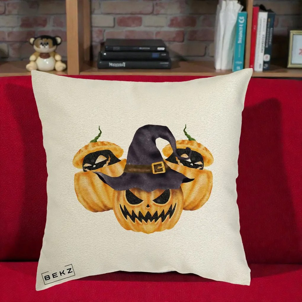 Perna Decorativa Trio Dovleci Jack-o-Lantern cu Palarie Vrajitoare, 40x40 cm, Ecru, Husa Detasabila, Perna Inclusa, BEKZ®