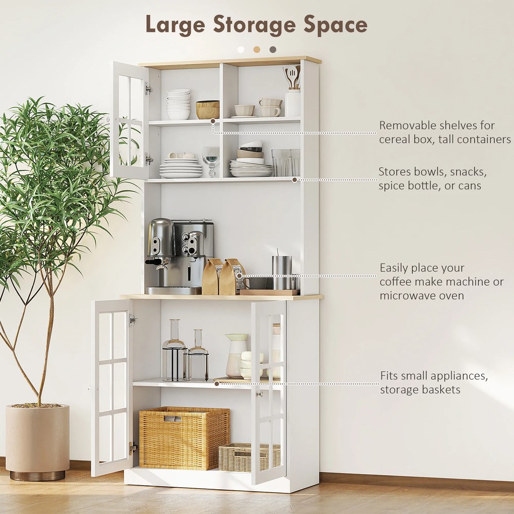 Homcom Bufet Modern din Lemn MDF cu Vitrine, Spațiu Depozitare, pentru Sufragerie și Bucătărie, 80x37x183 cm, Alb | Aosom Romania