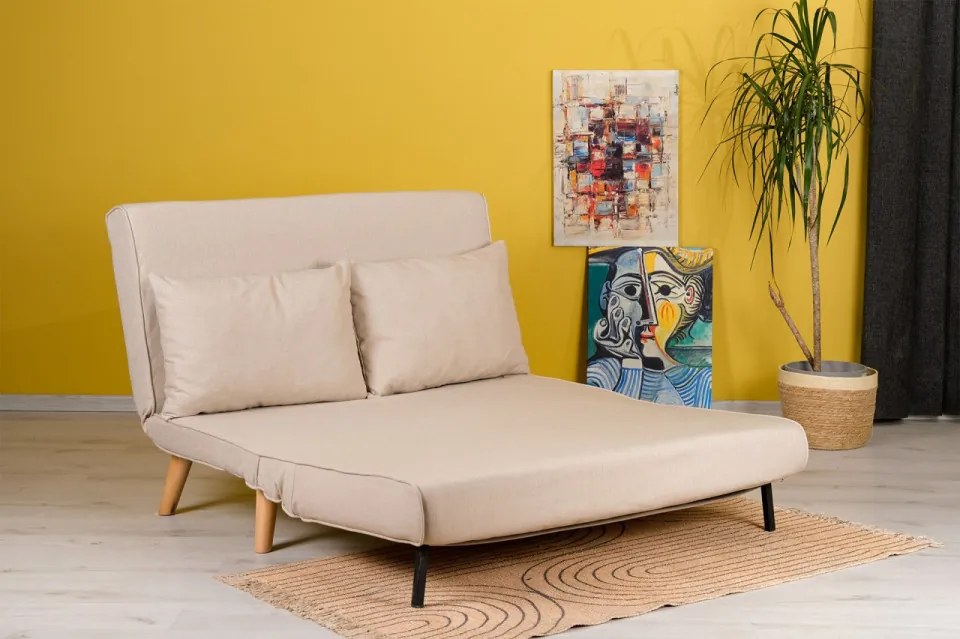 Canapea Extensibila 2 Locuri, Cadru Metalic, Folde, Crem