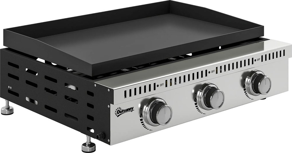 Outsunny Plancha pe gaz 9 kW 3 arzătoare din oțel inoxidabil, suprafață de gătit 56,5 x 33 cm, tavă de colectare a grăsimilor, negru | Aosom Romania