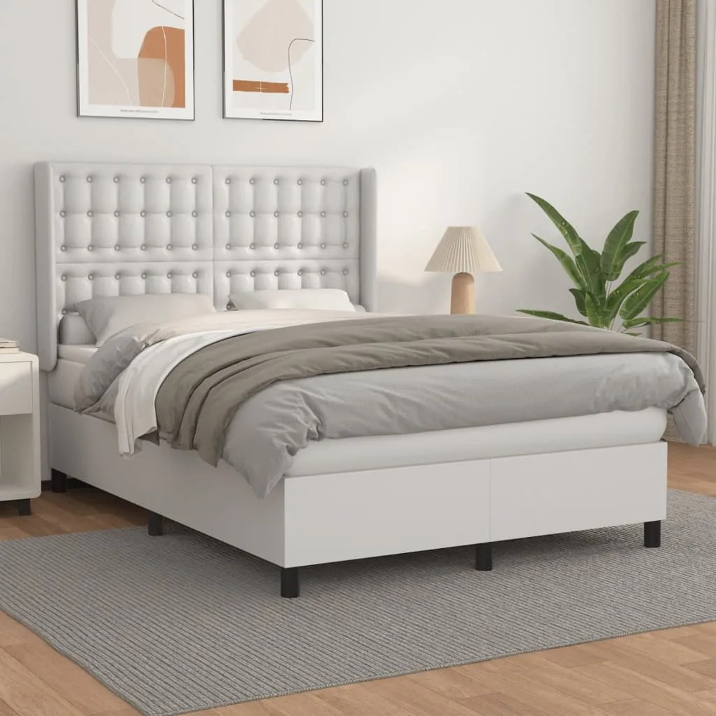 vidaXL Pat box spring cu saltea, alb, 140x200 cm, piele ecologică