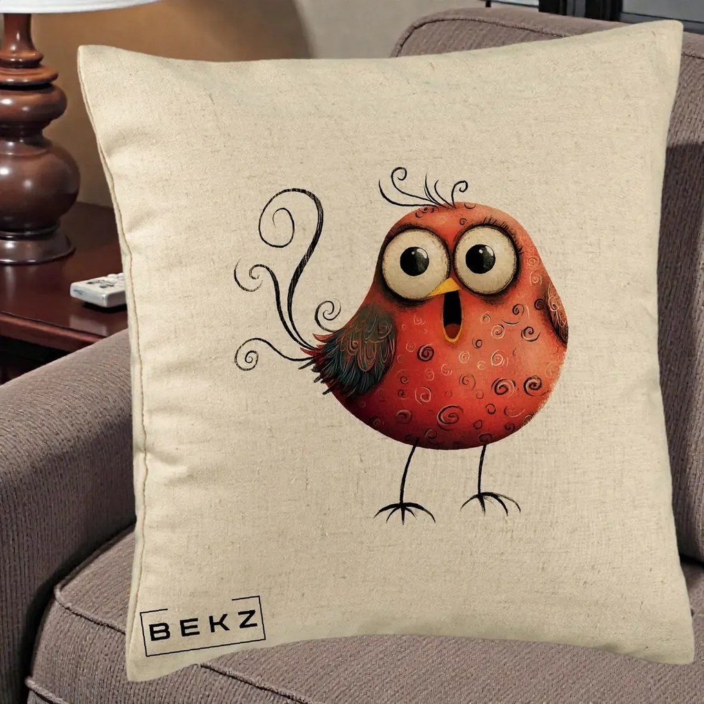 Perna Decorativa Pasare Rosie Exuberanta cu Spirale, 40x40 cm, Bej, Husa Detasabila, Perna Inclusa, BEKZ®