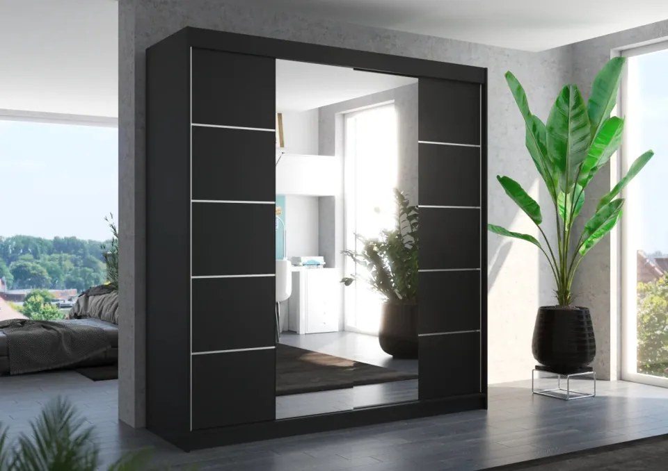 Dulap cu uși glisante DALMATIA – cu oglindă – 200x58x215 cm – Negru