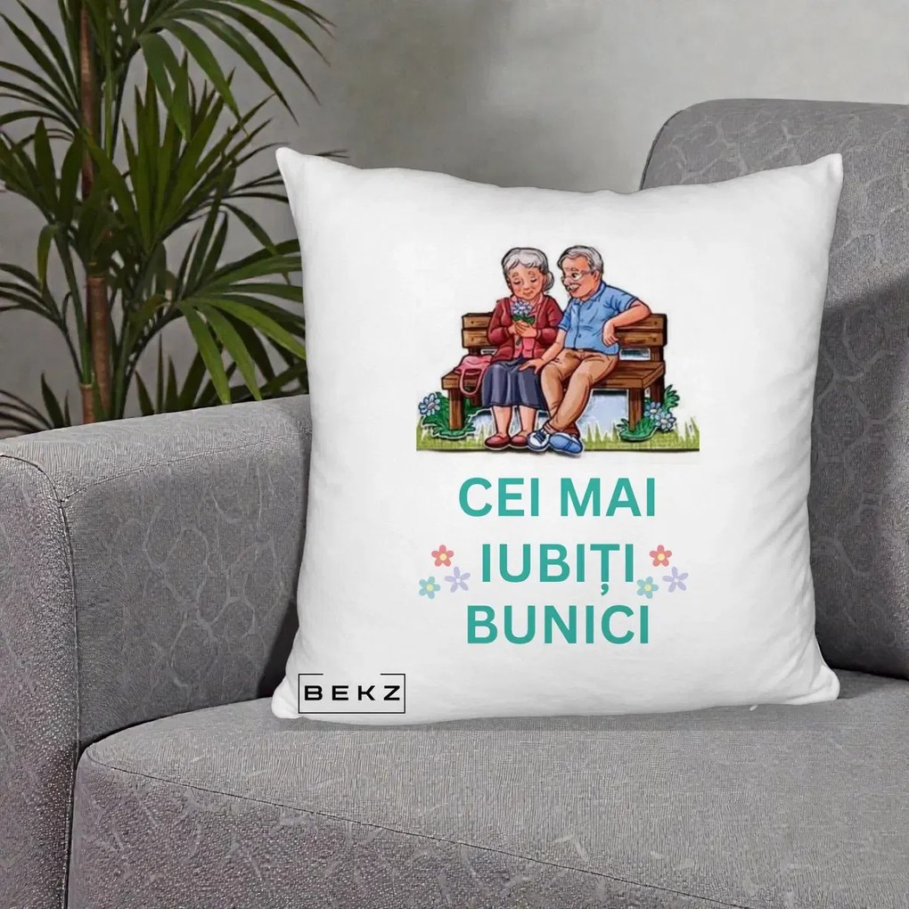 Cadou pentru Bunici - Perna Personalizata Cei Mai Iubiti Bunici Cuplu pe Banca Ilustratie, 40x40 cm, Alb Pufos, Husa Detasabila, Perna Inclusa, BEKZ®