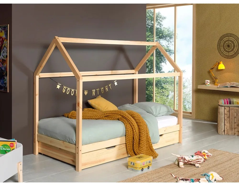 Pat pentru copii în culoare naturală de tip casă/cu extensie suplimentară din lemn masiv de pin cu spațiu de depozitare 90x200 cm DALLAS – Vipack