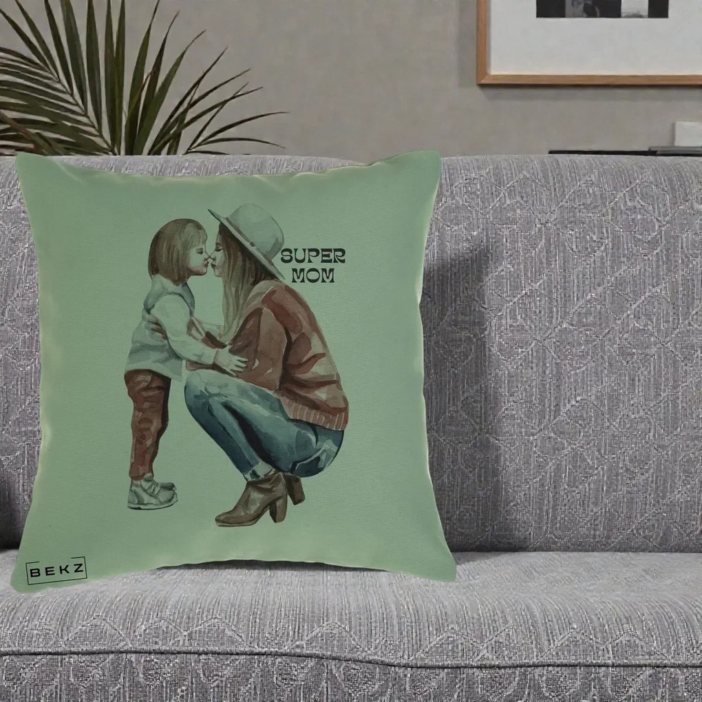 Cadou pentru Mama - Perna Personalizata Super Mom Acuarela, 40x40 cm, Verde, Husa Detasabila, Perna Inclusa, BEKZ®