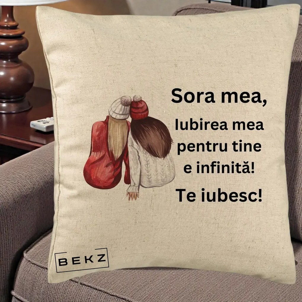 Cadou pentru Sora - Perna Personalizata Sora Mea Te Iubesc Doua Fete Iarna Acuarela, 40x40 cm, Bej, Husa Detasabila, Perna Inclusa, BEKZ®