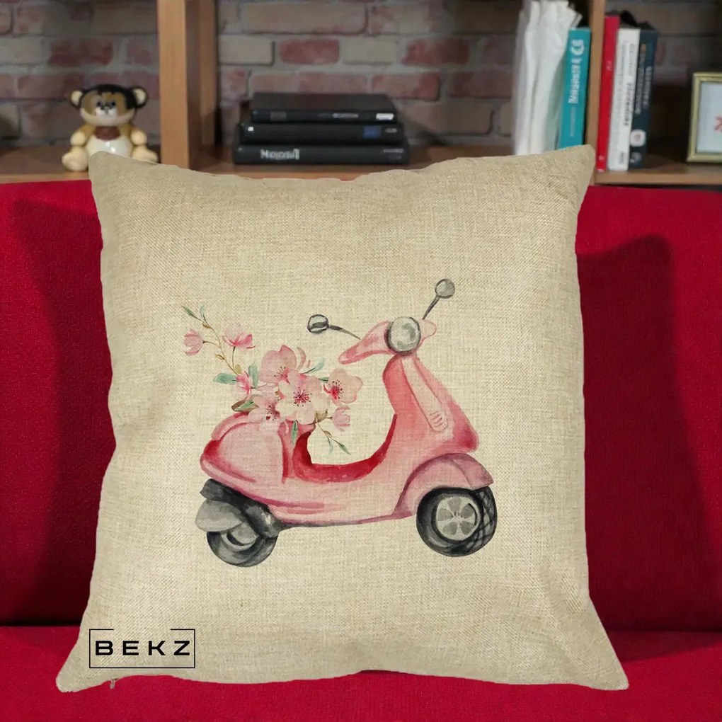 Perna Decorativa Scuter Roz cu Flori Acuarela, 40x40 cm, Crem, Husa Detasabila, Perna Inclusa, BEKZ®