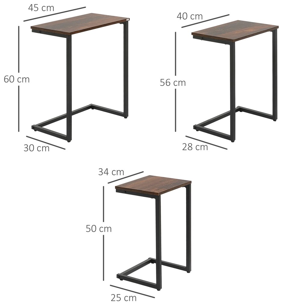 HOMCOM Masă laterală, Masă de cafea, Set de 3, Design industrial, Cadru din oțel, maro+negru, 45 x 30 x 60 cm | Aosom Romania