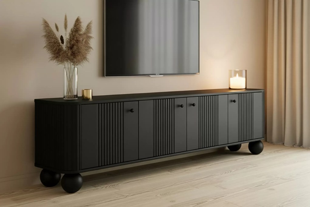 Comodă TV Vesper 4D 187 cm - negru / mânere negre / picioare rotunde