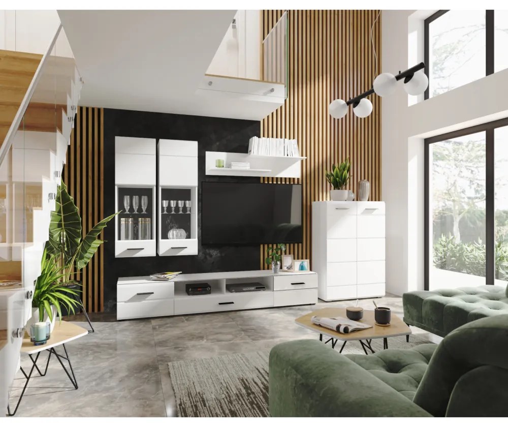 Mobilier perete living, alb extra lucios HG, ARCTIC