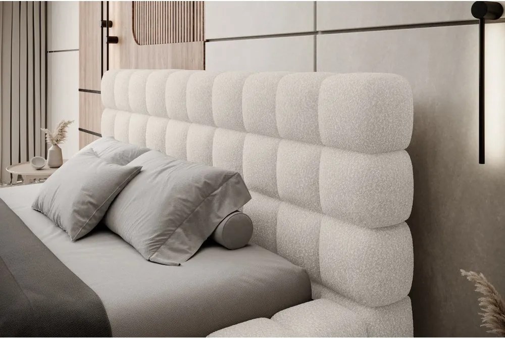 Pat matrimonial alb tapițat cu spațiu de depozitare cu somieră 140x200 cm Dizzle – ELTAP