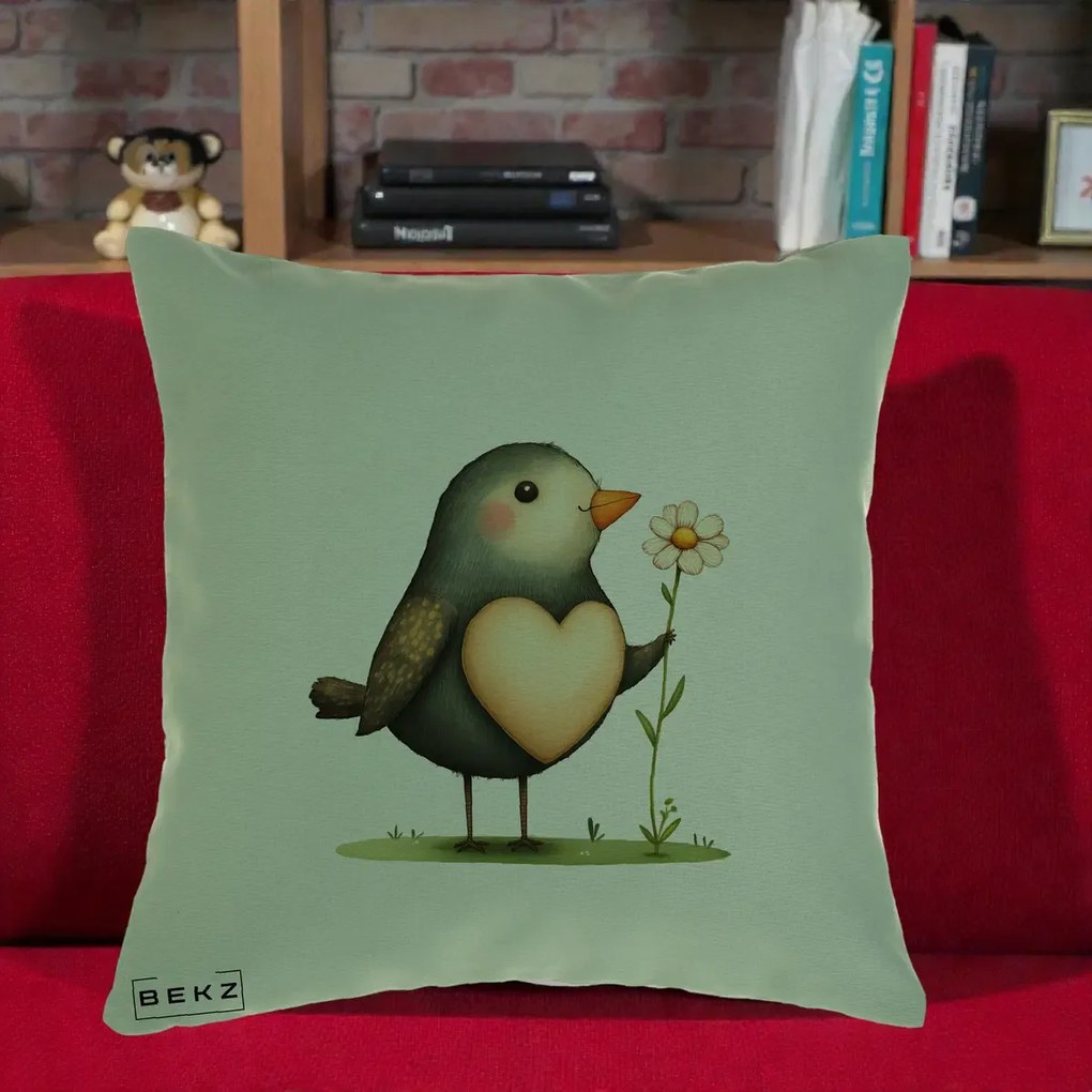 Perna Decorativa Pasare cu Inima si Margareta, 40x40 cm, Verde, Husa Detasabila, Perna Inclusa, BEKZ®