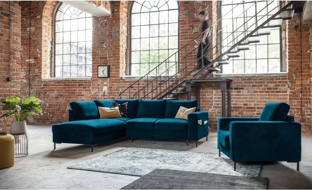 Colțar turcoaz extensibil cu tapițerie din catifea (cu colț pe partea stângă ) Lofty Lilly – Miuform