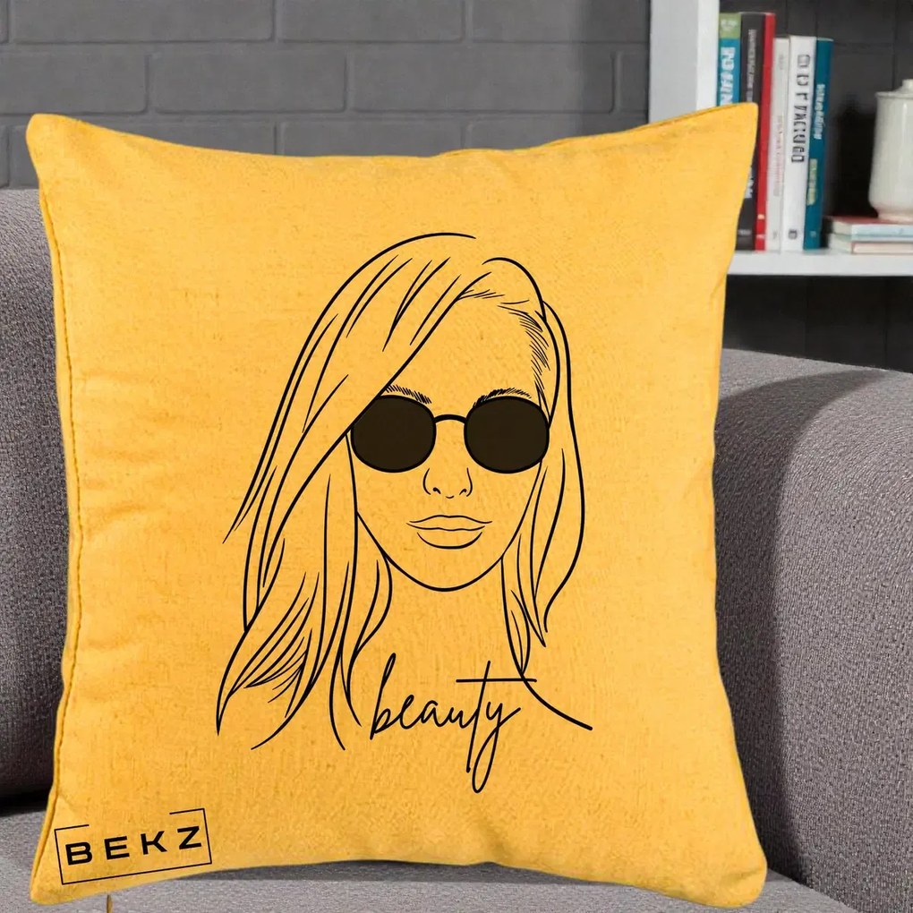 Perna Decorativa Beauty Girl Line Art, 40x40 cm, Galben, Husa Detasabila, Perna Inclusa, BEKZ®