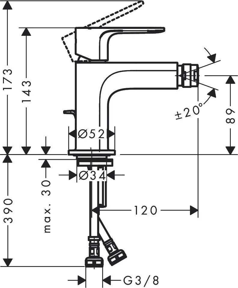 Baterie bideu Hansgrohe Rebris S , 3/8'', marimea M, monocomanda, negru mat - 72210670