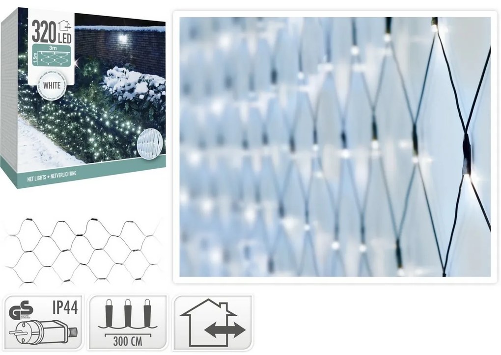 Plasă luminoasă pentru exterior, 300x150cm, 320LED, alb cald, IP44, 3 m